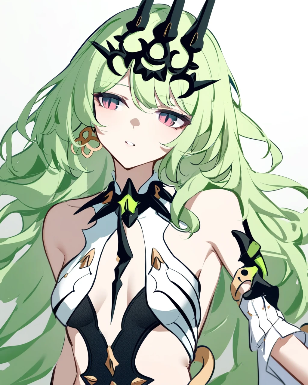 masterpiece,best quality,<lora:honkai_impact_all:1>,1girl,solo,teeth,green hair,long hair,absurdres,headpiece,highres,honkai \(series\),honkai impact 3rd,looking to the side,mobius \(honkai impact\),parted lips,shen jiu,simple background,sleeveless dress,