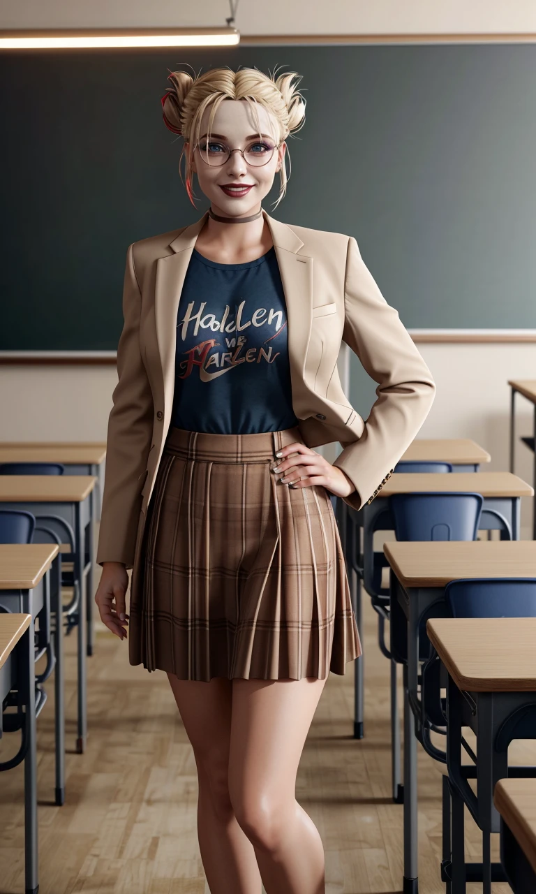 harleyssktjl2024, 1girl, model shoot, brown suit, brown skirt, classroom, chalkboard, naughty teacher, glasses, pov, photorealistic, 8k, uhd, masterpiece, detailed skin, skin pores, intricate, depth of field, full body, raw image, double bun, makeup, blonde hair, crazy smile, cinematic lighting, multicolored hair