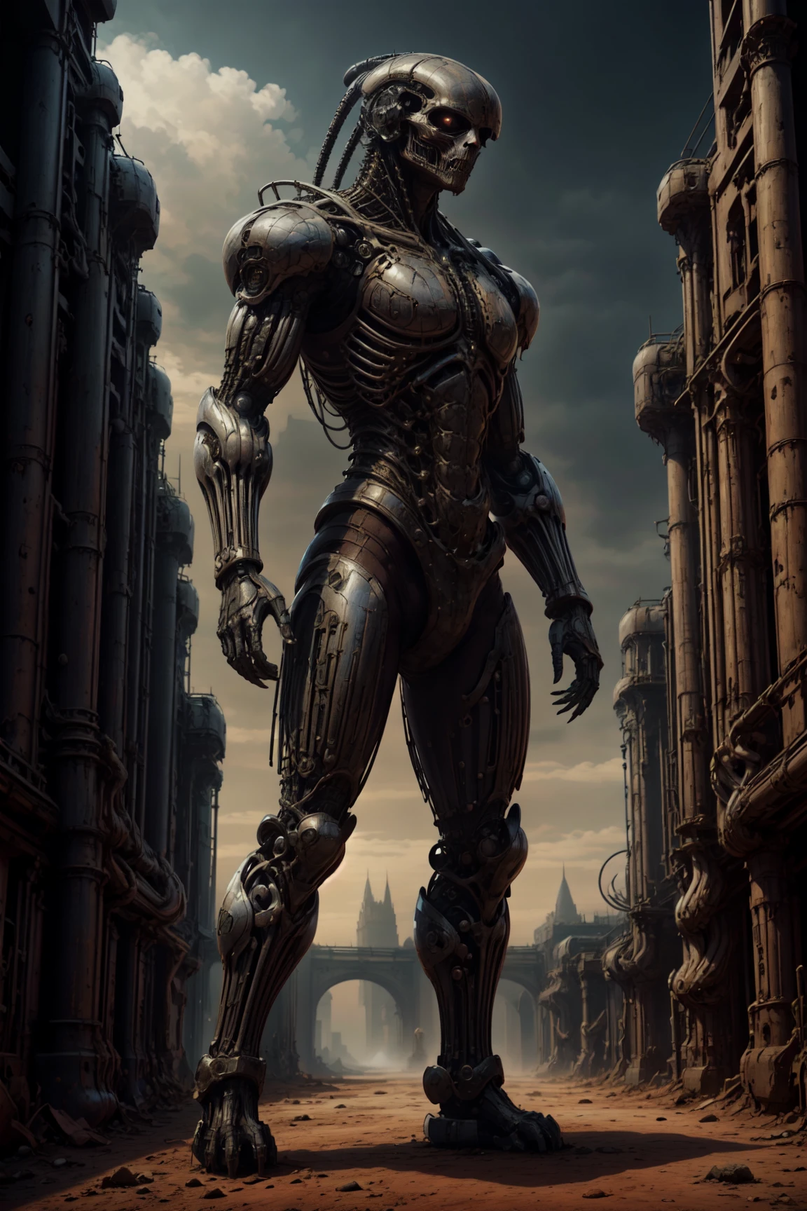 masterpiece, best quality, expressive eyes, absurdres, <lora:H.R.GigerWorld:1> gigerworld, 1man, armored, standing, looking into the distance, from the side, art by h.r.giger