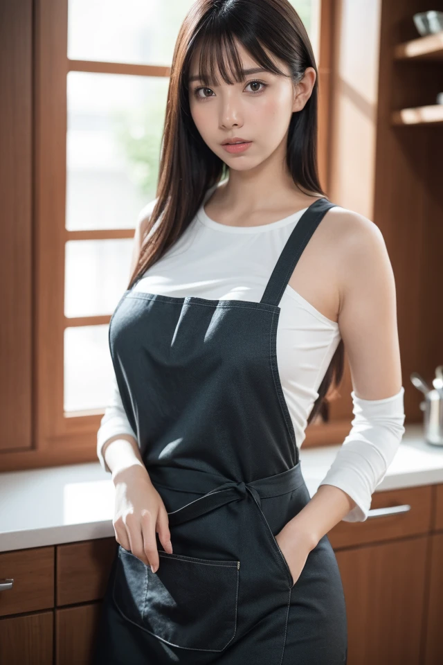 ((masterpiece)), ((best quality)), (ultra-detailed), ((extremely detailed)), 4K, (8K), best quality, (beautiful), realistic, real, dynamic angle0, front view ,a Japanese young pretty woman , Kitchen, daytime, a big smile in front of a sumptuous meal, cowboy shot,glamorous figure ,long bob hair ,1girl, solo, (Wearing apron:1.3), (mini-skirt:1.3),cowboy shot,((beautiful eyes)), large breast, hyper cute face, glossy lips, double eyelids for both eyes, long eyelashes ,natural makeup, shiny smooth light brown hair of long bob hair, asymmetrical bangs, high resolution, high detail, detailed hairstyle, detailed face, cinematic lighting, octane rendering, hyper realistic, perfect limbs, perfect anatomy