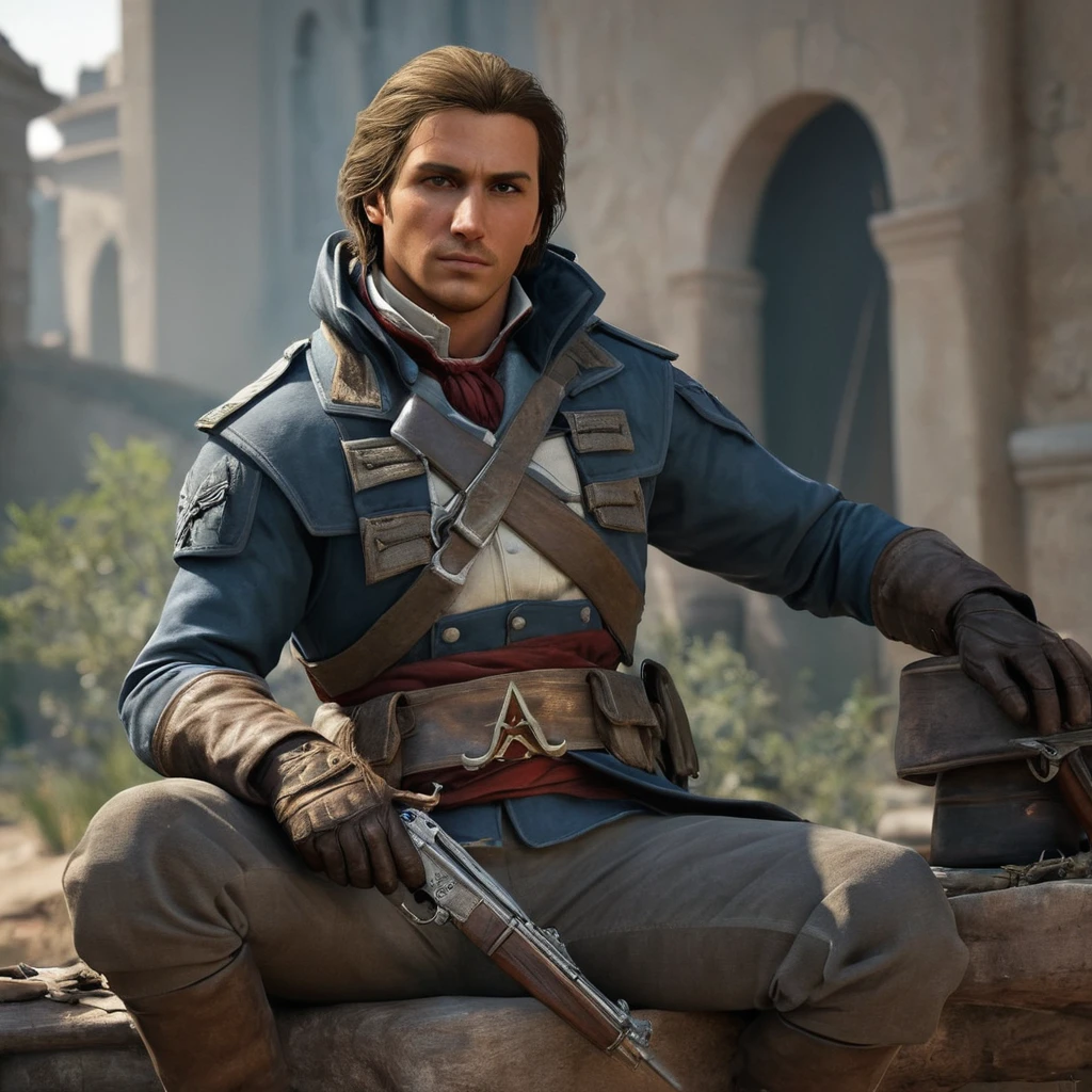 Hyperrealistic art of <lora:Assassins Creed style:1>
Arno Dorian a man in a military outfit sitting down,solo,brown hair,gloves,1boy,weapon,male focus,uniform,gun,military,military uniform,facial hair,watermark,scar,realistic Assassinâs Creed style, Assassins Creed style, Open world, Action-adventure, Stealth, dramatic light, cinematic film look, ancient, historical, Extremely high-resolution details, photographic, realism pushed to extreme, fine texture, incredibly lifelike