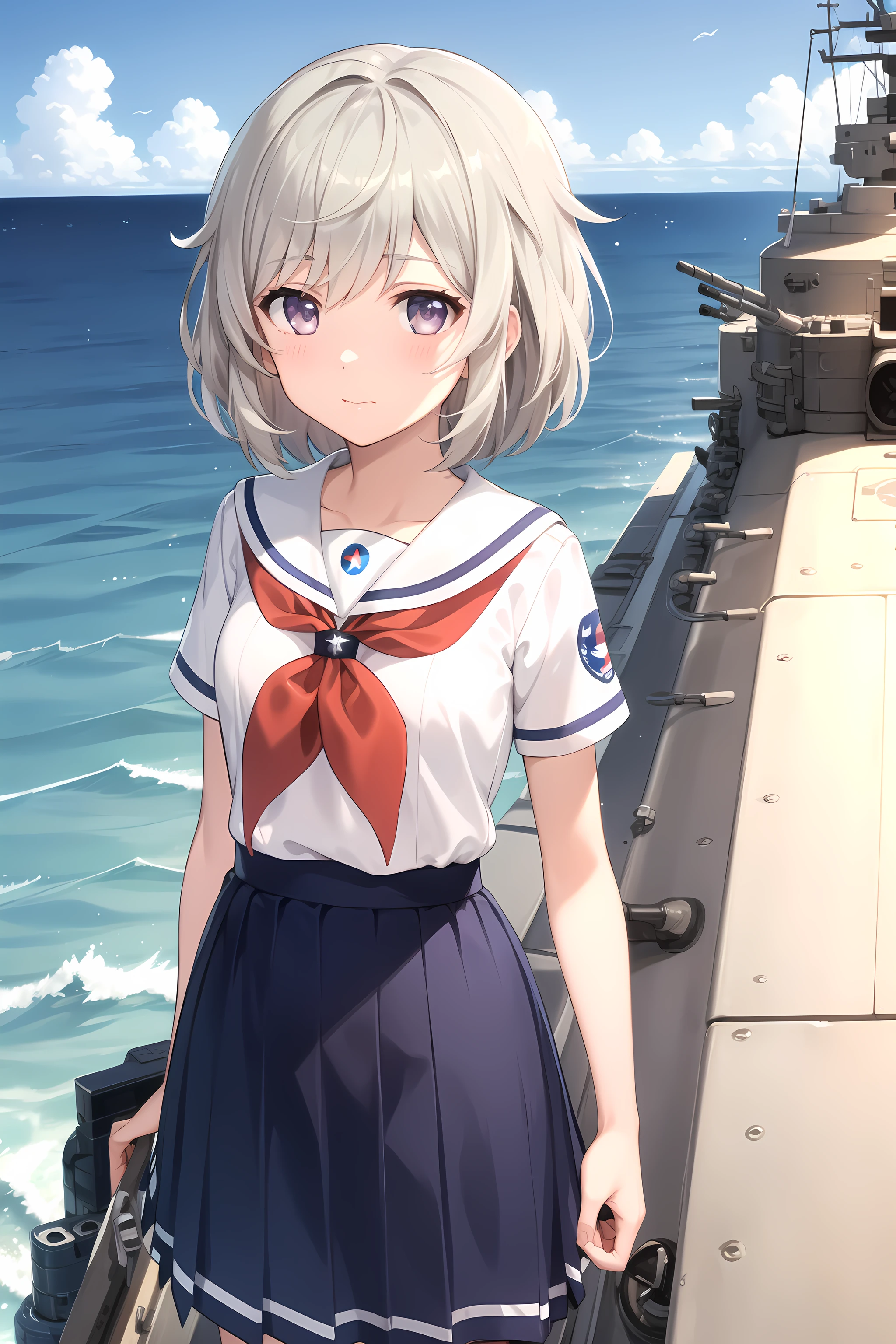 best quality, masterpiece, detailed,
<lora:HighSchoolFleet_TateishiShima:0.9>, TateishiShima,
1girl, closed mouth,
grey hair, purple eyes, short hair,
serafuku, sailor collar, blue skirt, red neckerchief, short sleeves,
standing, looking at viewer, facing viewer, arms at sides,
ocean, (ship, military vehicle:1.2)