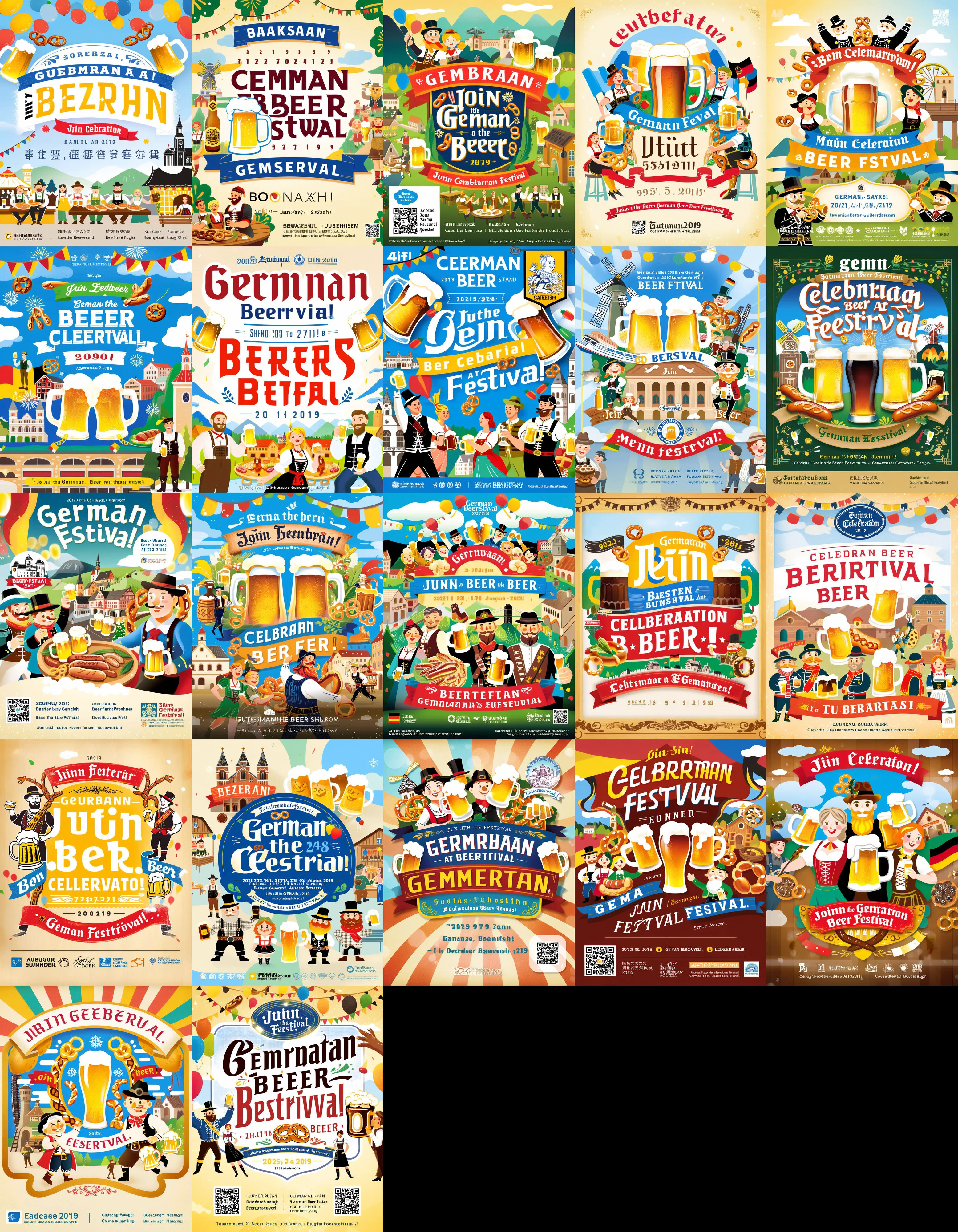 Create a vibrant and joyful digital painting style promotional poster for the German Beer Festival. The poster should feature lively festival-goers in traditional Bavarian attire, with men wearing lederhosen and women in dirndls, all holding steins of frothy beer. The background is filled with iconic German scenery, including Bavarian flags, a bustling beer hall with wooden tables, and a blue sky dotted with white clouds. Incorporate elements like pretzels, sausages, and a band playing traditional German music to enhance the festive atmosphere. The text 'Join the Celebration at the German Beer Festival!' stands out in bold, festive fonts at the top, inviting viewers to experience the joy and community spirit of the event, <lora:poster2-000040:0.6>