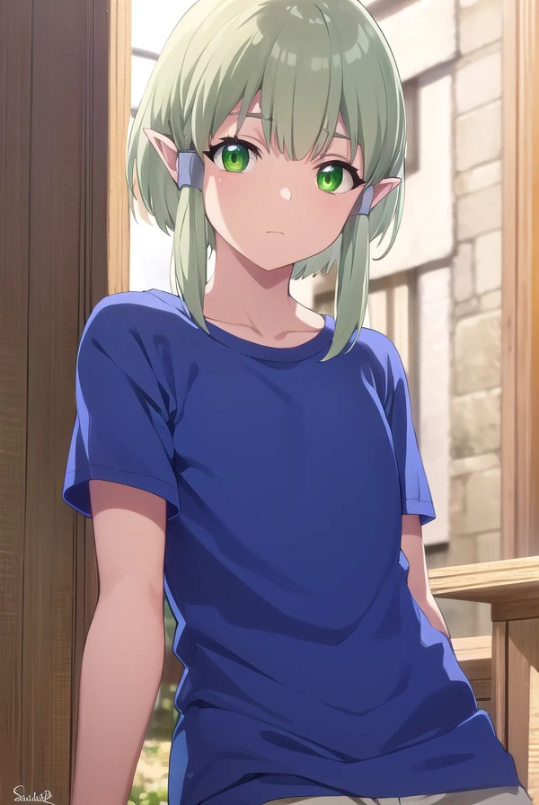 banishedal, <lora:banished al s1-lora-nochekaiser:1>,
banished al, short hair, (green eyes:1.3), sidelocks, green hair, pointy ears, hair tubes, elf,
BREAK shirt, short sleeves, pants, blue shirt, green pants,
BREAK outdoors,
BREAK looking at viewer, (cowboy shot:1.5),
BREAK <lyco:GoodHands-beta2:1>, (masterpiece:1.2), best quality, high resolution, unity 8k wallpaper, (illustration:0.8), (beautiful detailed eyes:1.6), extremely detailed face, perfect lighting, extremely detailed CG, (perfect hands, perfect anatomy),