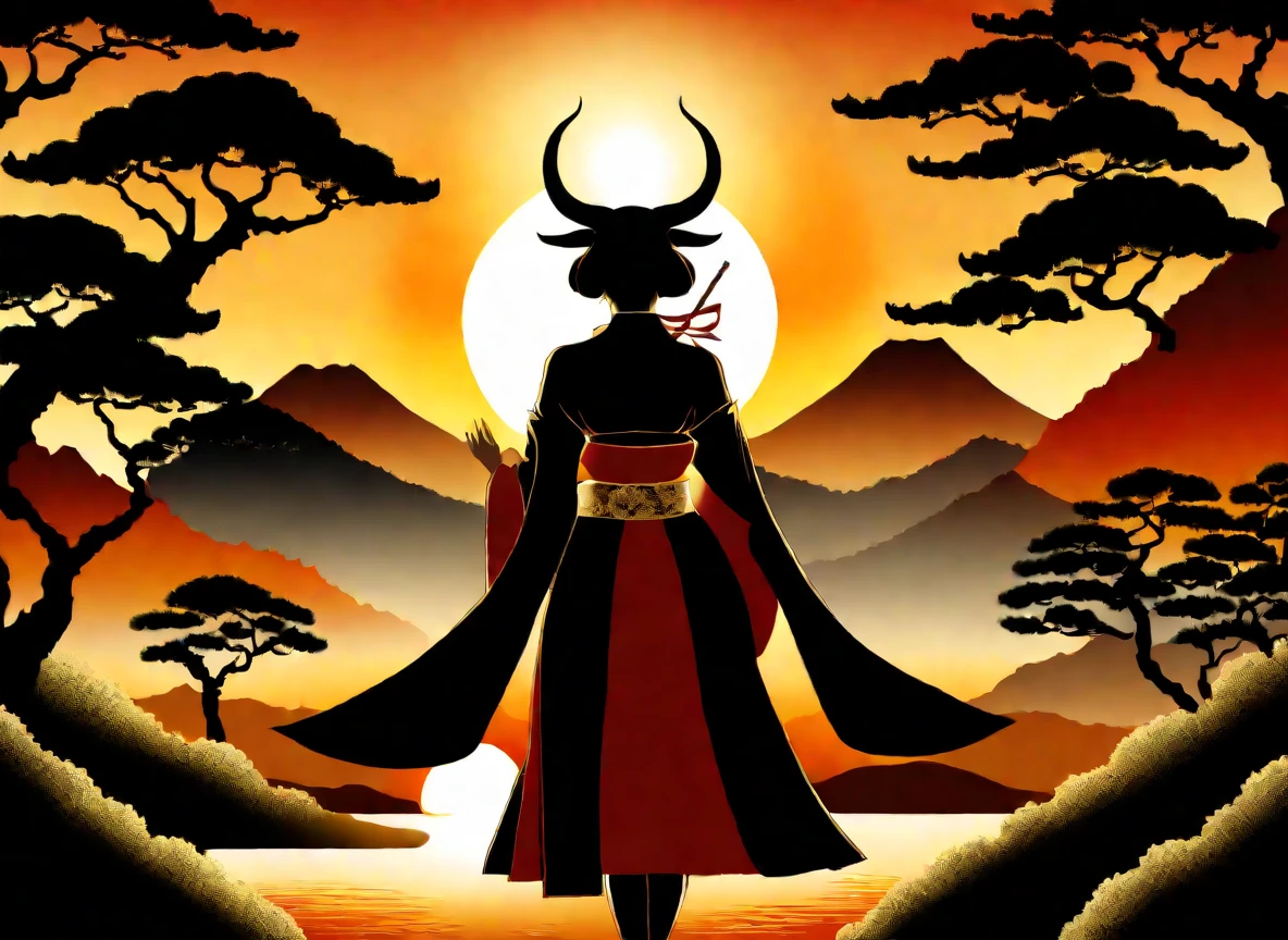 (nihonga:2.5), 1girl, ornate clothes, horns, landscape, sun