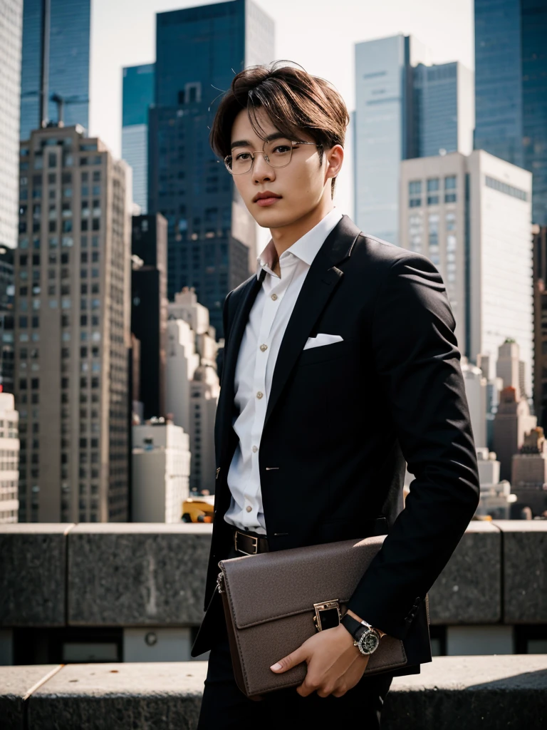 fashion photography, natural light, (soft light:1.4), highly detailed skin, depth of field, dynamic angle, long shot, BREAK,
1man, solo, age 21, 21yo, (brown hair, brown eyes, Korean:1.4), young and handsome man, standing, pose for magazine, (look at viewer:1.4), BREAK,
wearing (business attire, business jacket, business trousers:1.2), elegant watch, belt, BREAK,
(carry black briefcase:1.4), BREAK,
(New York cityscape in background:1.4), (evening twilight:1.6), BREAK, big muscles