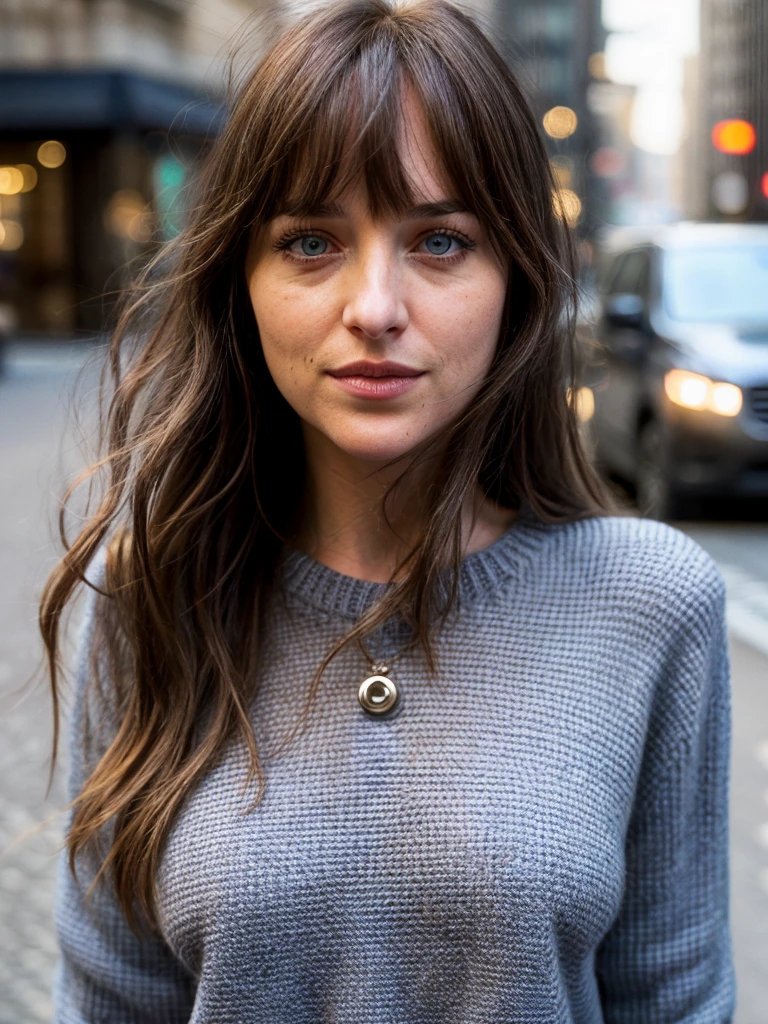 dkjt,long hair with bangs,close-up,sweater,add_detail,masterpiece,blue tint,city street,bokeh,dof,highly detailed,soft lighting,volumetric lighting,film grain,cinematic
