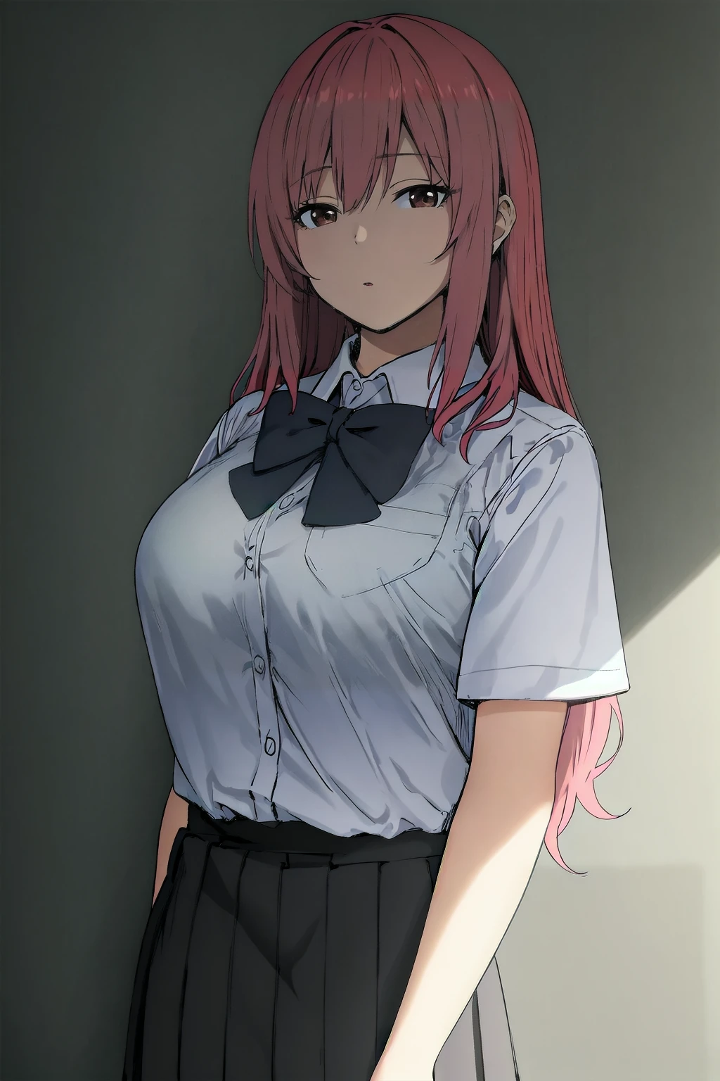 extremely detailed fine touch, natural light, sun light, light rays, dappled light, reflection, shadows, ray tracing, masterpiece, best quality, highly detailed,
<lora:kaori:0.6> kaori, 1girl, long hair, pink hair, bangs, brown eyes, looking at viewer, school uniform, black bow, black pleated skirt, white collared shirt tucked in,