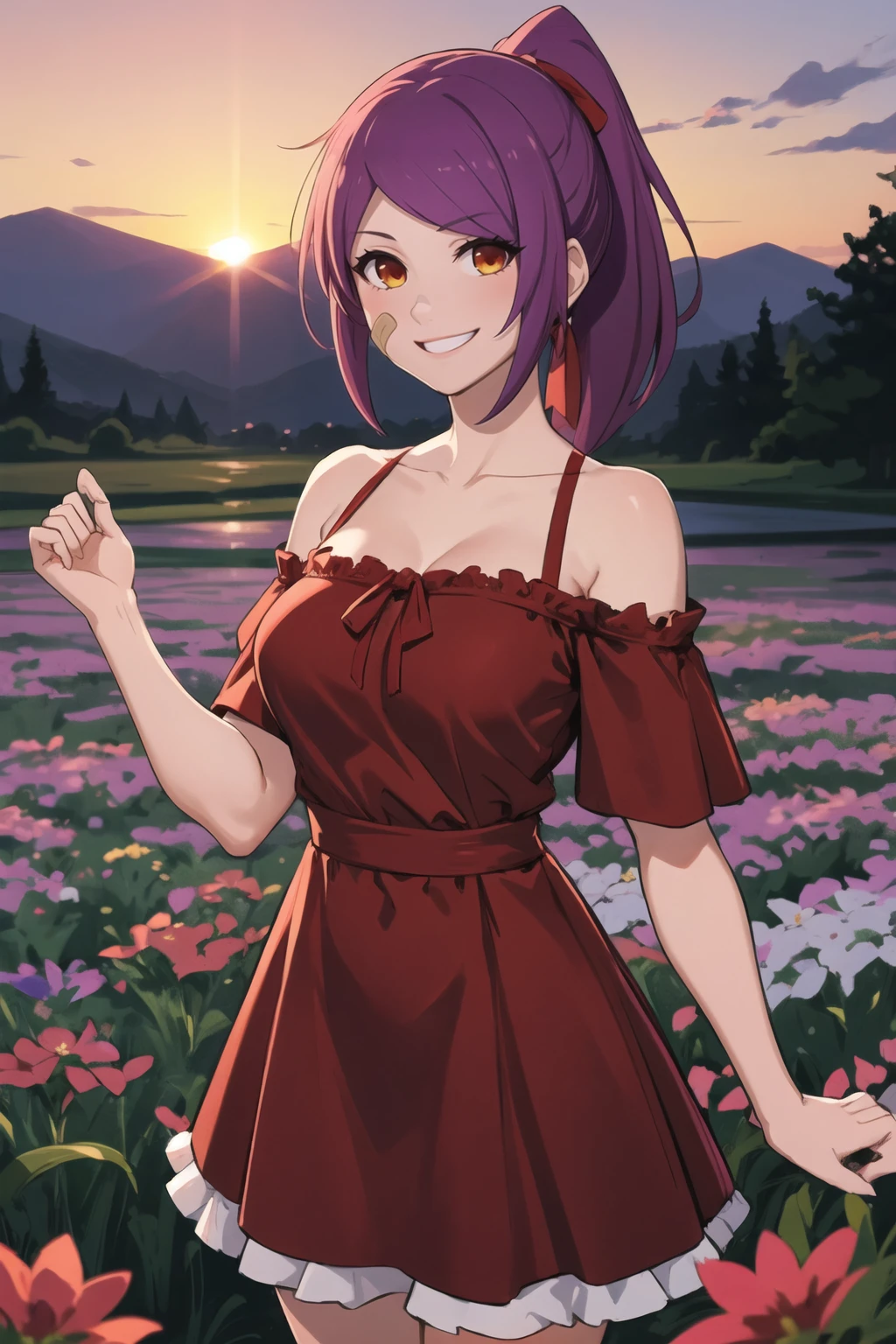 (best quality), outdoors, flower field, sunset, 1girl, solo, LeahAirisubaka, bandaid, short hair, ponytail, large breasts, <lora:LeahAirisubaka_V2-Manityro-dadapt:1>, toned, smile, looking at viewer, red dress, red ribbon, off-shoulder dress, summer dress, frills