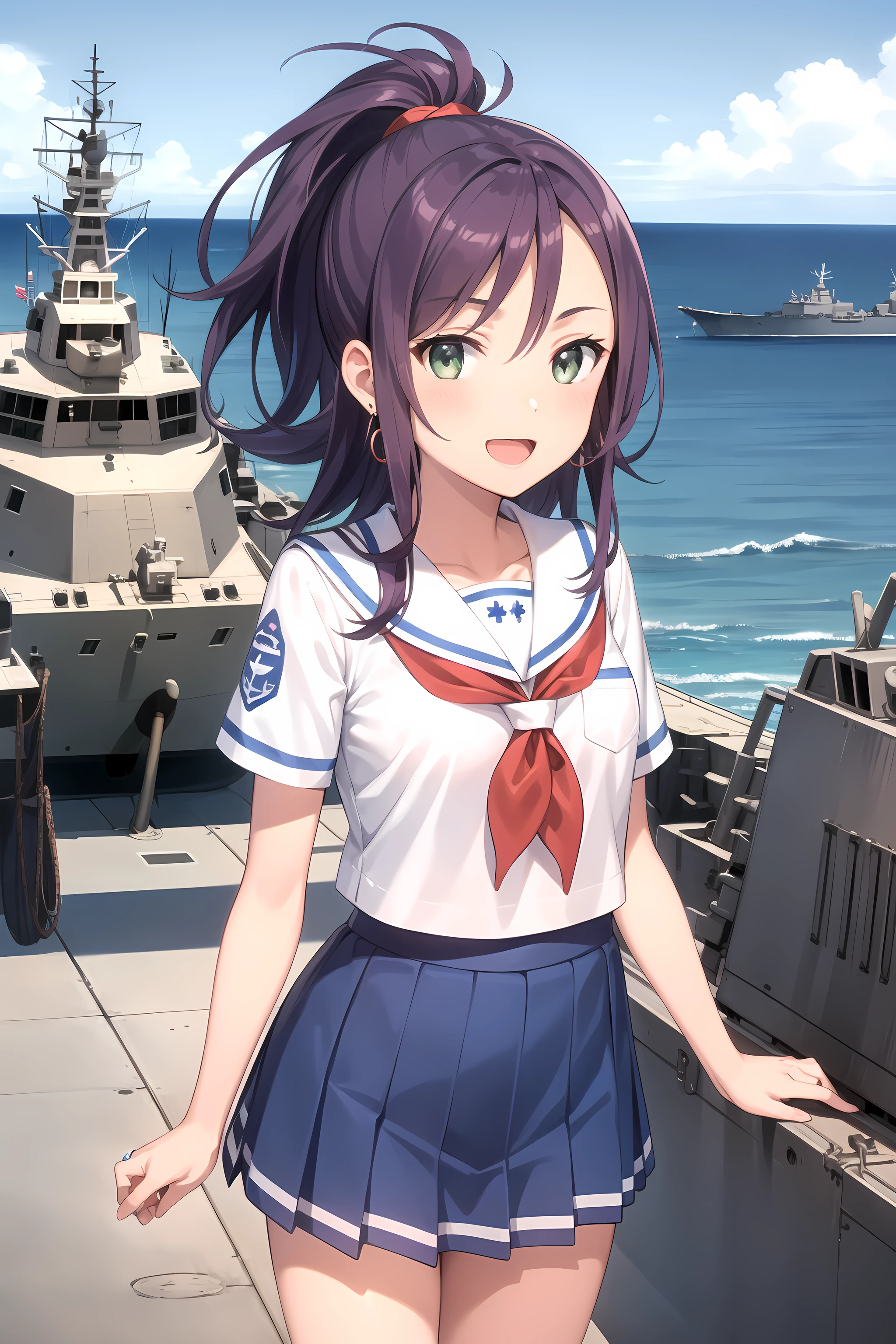 best quality, masterpiece, detailed,
<lora:HighSchoolFleet_KatsutaSatoko_1:0.8>, KatsutaSatoko,
1girl, open mouth, light smile,
purple hair, green eyes, long hair, ponytail, ring earrings,
serafuku, white shirt, red neckerchief, blue skirt, short sleeves,
standing, looking at viewer, facing viewer, arms at sides,
ocean, (ship, military vehicle:1.2)