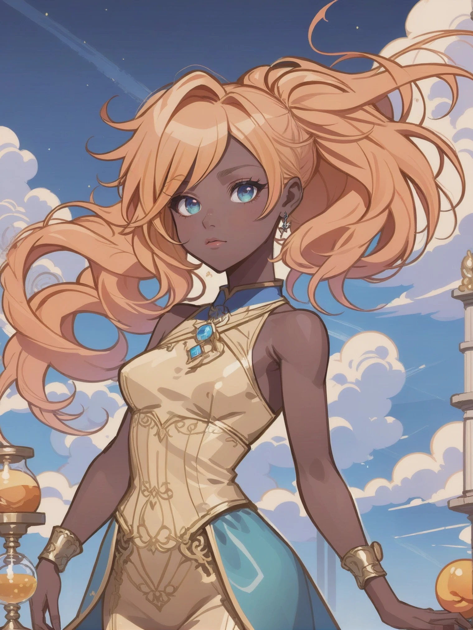 1girl, woman, priestess, casting spell, bombshell hair, peach hair with blue highlights, Root Melt, athletic hourglass figure, (dark skin:1.3), golden hour, blue sky, clouds, scenery, in a Pensive Wind Erosion Passages, set<lora:EnvyBetterHiresFixXL01:0@0,0@.49,1@.5:hr=1> <lora:EnvyPastelAnimeXL01:1>