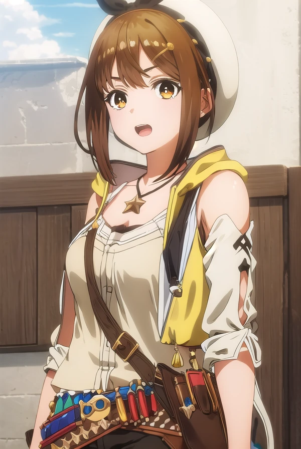 reisalinstout, <lora:reisalin stout s1-lora-nochekaiser:1>,
reisalin stout, short hair, brown hair, hair ornament, (brown eyes:1.5), hairclip, smile, open mouth,
BREAK thighhighs, gloves, hat, jewelry, jacket, thighs, shorts, belt, necklace, star \(symbol\), short shorts, white headwear, brown gloves, single glove, yellow jacket, red shorts, leather, sleeveless jacket, star necklace, leather gloves,
BREAK outdoors,
BREAK looking at viewer, (cowboy shot:1.5),
BREAK <lyco:GoodHands-beta2:1>, (masterpiece:1.2), best quality, high resolution, unity 8k wallpaper, (illustration:0.8), (beautiful detailed eyes:1.6), extremely detailed face, perfect lighting, extremely detailed CG, (perfect hands, perfect anatomy),