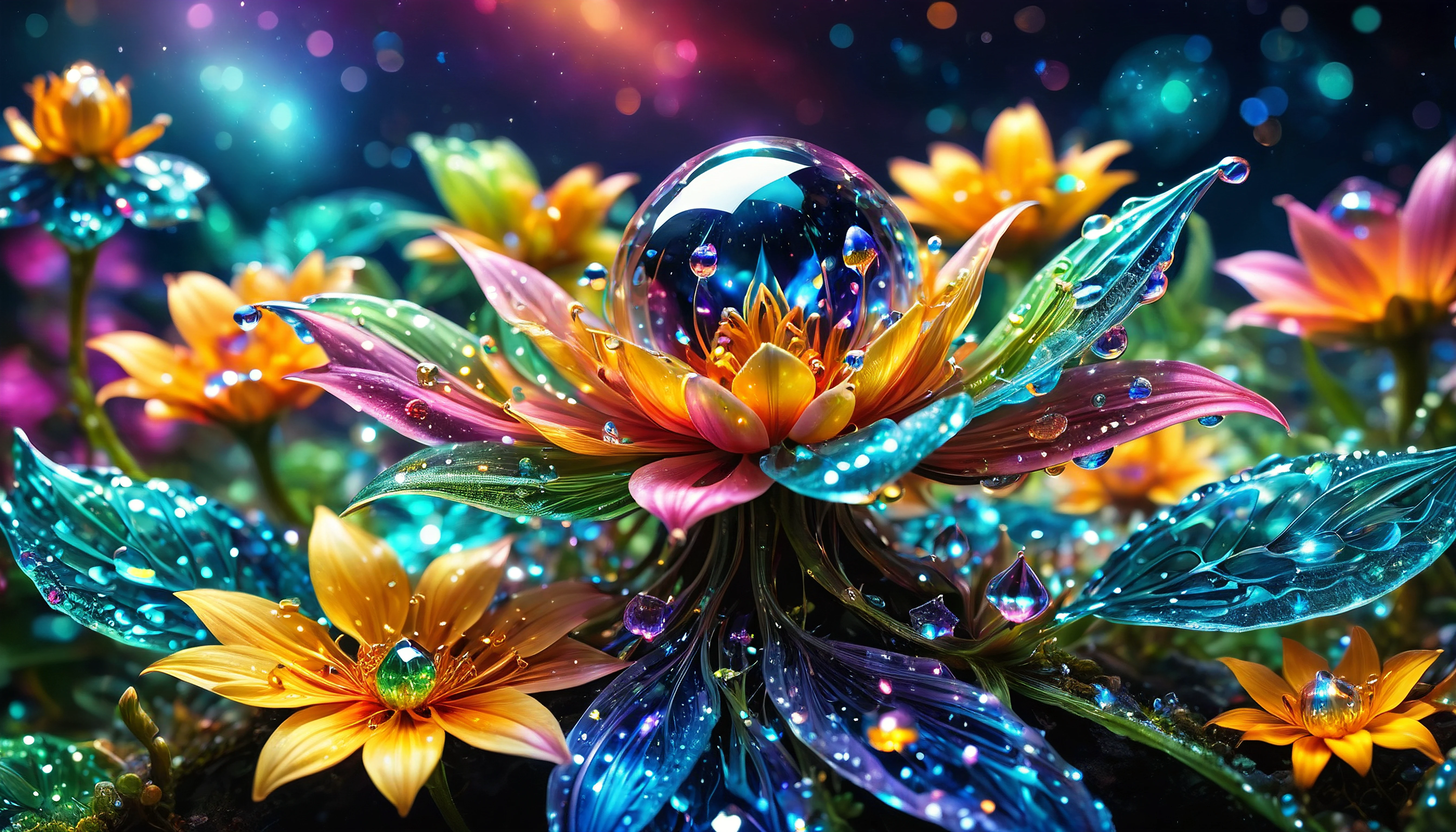 macro photo, sparkling magical fantasy glass flower dewdrop, very detailed, amazing quality, intricate, cinematic light, highly detail, beautiful, surreal, dramatic, galaxy fantasy colors, <lora:SDXLFaeTastic2400:1>