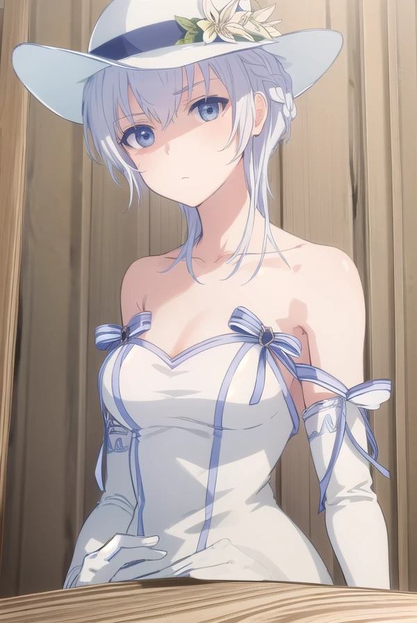 seitenshi, <lora:seitenshi s1-lora-nochekaiser:1>,
seitenshi, short hair, braid, white hair, (grey eyes:1.3),
BREAK gloves, hat, dress, bare shoulders, collarbone, elbow gloves, white gloves, white dress, white headwear, sun hat, long dress, hat flower,
BREAK indoors,
BREAK looking at viewer, (cowboy shot:1.5),
BREAK <lyco:GoodHands-beta2:1>, (masterpiece:1.2), best quality, high resolution, unity 8k wallpaper, (illustration:0.8), (beautiful detailed eyes:1.6), extremely detailed face, perfect lighting, extremely detailed CG, (perfect hands, perfect anatomy),