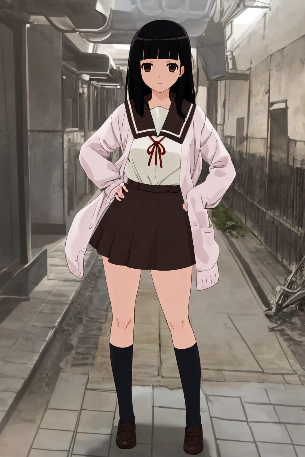 masterpiece,1girl, full body, sakurada_maon, solo, skirt, dark brown skirt, black hair, long hair, blunt bangs, cardigan, serafuku, dark socks, hands on own hips, <lora:sakurada_maon:0.8>