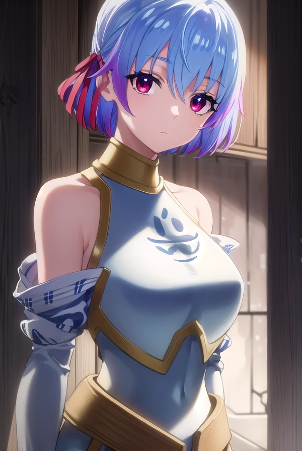 rutiragnason, <lora:ruti ragnason s1-lora-nochekaiser:1>,
ruti ragnason, short hair, (red eyes:1.3), ribbon, blue hair, hair ribbon, ahoge,
BREAK dress, bare shoulders, detached sleeves, armor, breastplate,
BREAK outdoors,
BREAK looking at viewer, (cowboy shot:1.5),
BREAK <lyco:GoodHands-beta2:1>, (masterpiece:1.2), best quality, high resolution, unity 8k wallpaper, (illustration:0.8), (beautiful detailed eyes:1.6), extremely detailed face, perfect lighting, extremely detailed CG, (perfect hands, perfect anatomy),