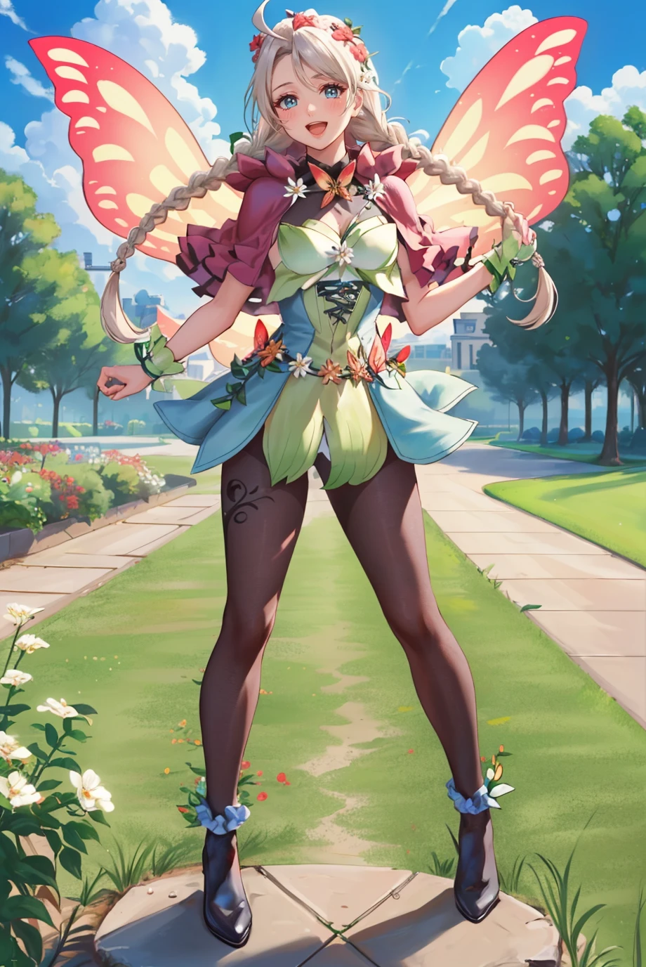 masterpiece, 1girl, full body, solo, looking at viewer, smile, open mouth, excited, <lora:NinaFEHResplendent-bsinky-v1:0.8> resNina, hair ornament, twin braids, capelet, flower, ahoge, pantyhose, butterfly wings, hair flower, sky, grass, cloud