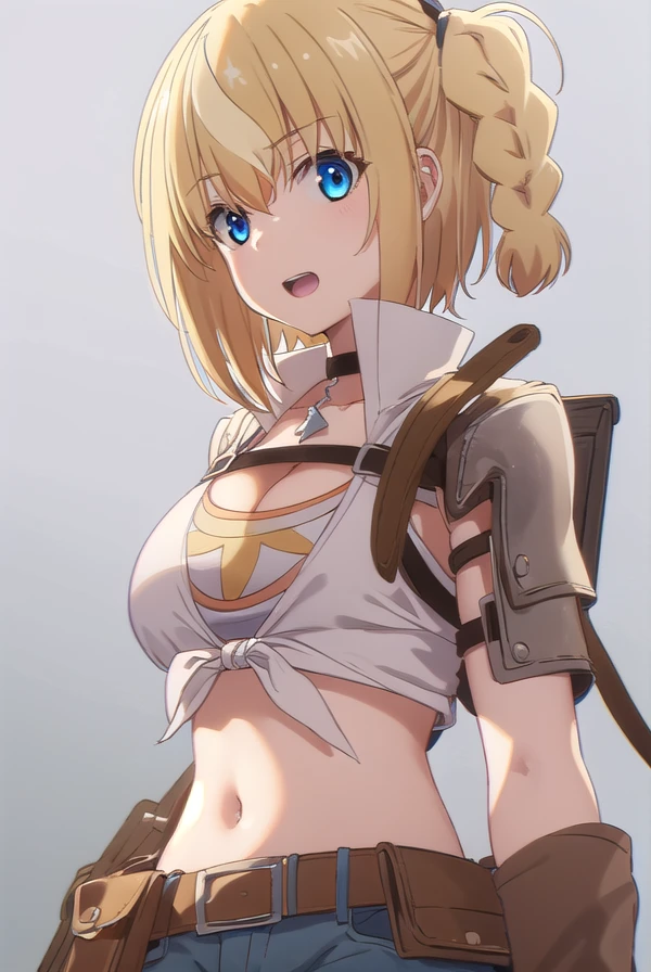 vendinglammis, <lora:vending lammis s1-lora-nochekaiser:1>,
lammis, short hair, bangs, blue eyes, blonde hair, multicolored hair, streaked hair, braid, single braid, one side up, smile, open mouth,
BREAK shirt, gloves, navel, cleavage, white shirt, shorts, sleeveless, choker, midriff, belt, fingerless gloves, crop top, short shorts, sleeveless shirt, brown gloves, red gloves, blue shorts, denim shorts, black belt, brown belt,
BREAK outdoors,
BREAK looking at viewer, (cowboy shot:1.5),
BREAK <lyco:GoodHands-beta2:1>, (masterpiece:1.2), best quality, high resolution, unity 8k wallpaper, (illustration:0.8), (beautiful detailed eyes:1.6), extremely detailed face, perfect lighting, extremely detailed CG, (perfect hands, perfect anatomy),