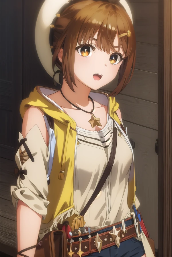 reisalinstout, <lora:reisalin stout s1-lora-nochekaiser:1>,
reisalin stout, short hair, brown hair, hair ornament, (brown eyes:1.5), hairclip, smile, open mouth,
BREAK thighhighs, gloves, hat, jewelry, jacket, thighs, shorts, belt, necklace, star \(symbol\), short shorts, white headwear, brown gloves, single glove, yellow jacket, red shorts, leather, sleeveless jacket, star necklace, leather gloves,
BREAK outdoors,
BREAK looking at viewer, (cowboy shot:1.5),
BREAK <lyco:GoodHands-beta2:1>, (masterpiece:1.2), best quality, high resolution, unity 8k wallpaper, (illustration:0.8), (beautiful detailed eyes:1.6), extremely detailed face, perfect lighting, extremely detailed CG, (perfect hands, perfect anatomy),