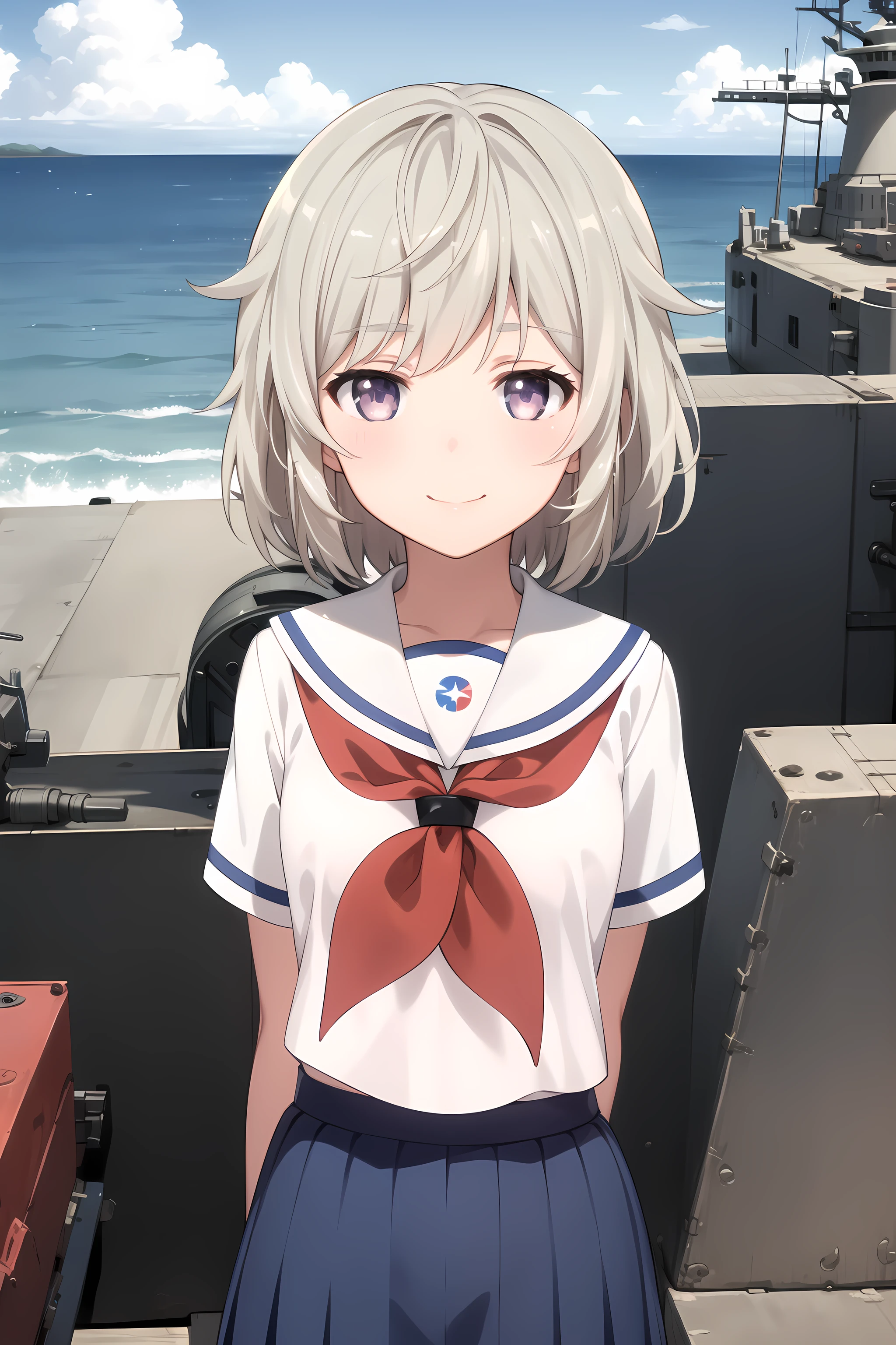 best quality, masterpiece, detailed,
<lora:HighSchoolFleet_TateishiShima:0.9>, TateishiShima,
1girl, closed mouth, light smile,
grey hair, purple eyes, short hair,
serafuku, sailor collar, blue skirt, red neckerchief, short sleeves,
standing, looking at viewer, facing viewer, arms at sides,
ocean, (ship, military vehicle:1.2)