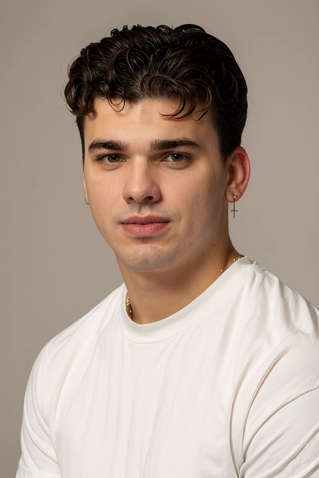 headshot, plain pastel background, white shirt, looking at the camera, <lora:HarryClarkLora:1>