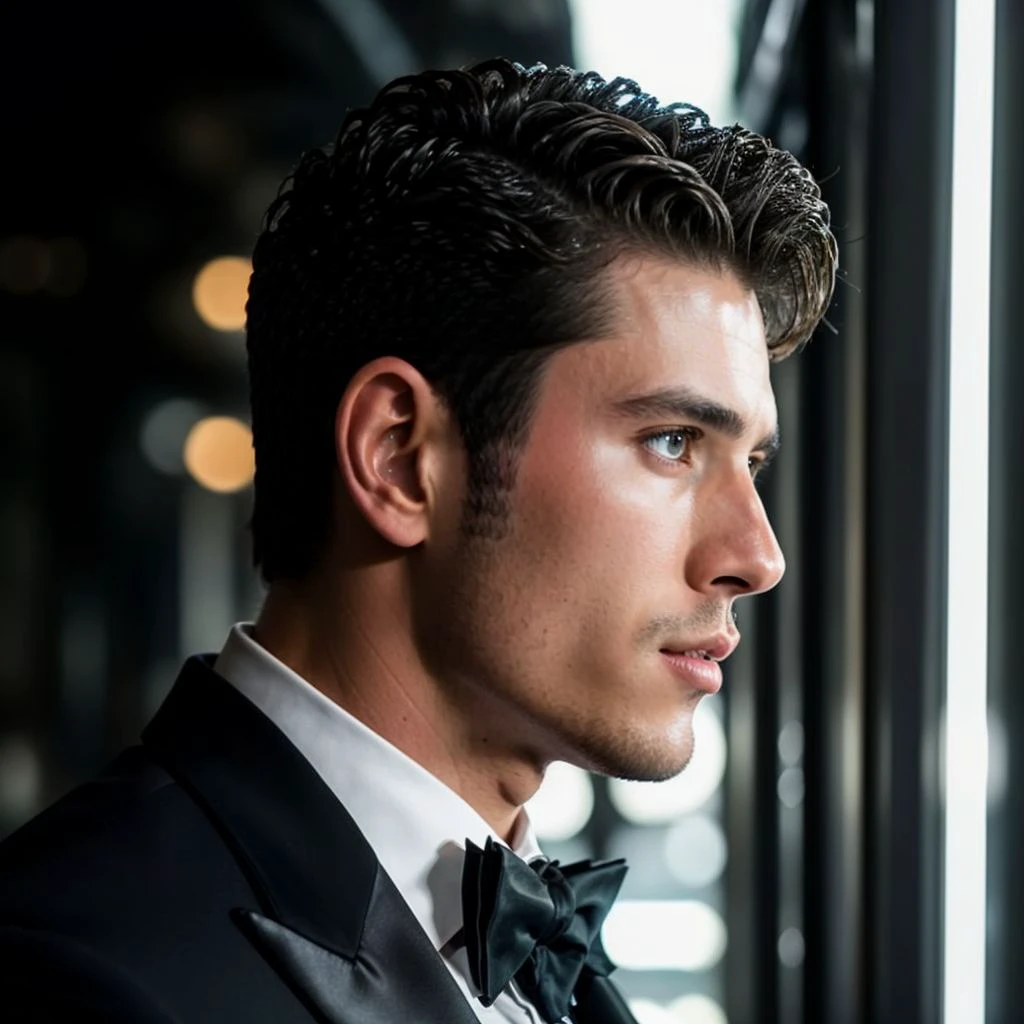 face portrait of danigarcia person using a tuxedo, in blade runner, professional photography, high resolution, 4k, detailed photo,   <lora:danigarcia_48600:1>