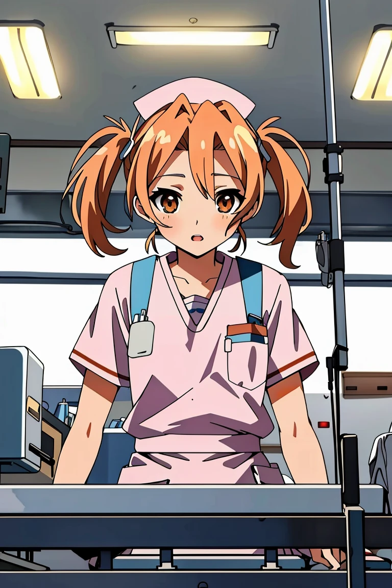 ((masterpiece, best quality,lower_body)), operating table,medical monitors,hospital bed,   <lora:Chika_Naruse_v1.2-000006:0.8> (chika naruse,twintails), nurse, nurse cap