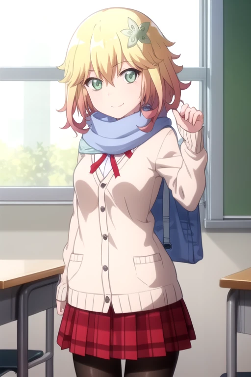 ((masterpiece)),(best quality),official art,extremely detailed CG,unity 8k wallpaper,ultra detailed,beautiful detailed eyes,extremely detailed face,classroom,1girl,solo,cowboy shot,looking at viewer,facing viewer,smile,short_hair,two-tone_hair,blonde_hair,hair_ornament,hair_flower,green_flower,hair between eyes,green_eyes,blue_scarf,beige_cardigan,red_ribbon,collared_shirt,white_shirt,medium_breasts,red_skirt,plaid_skirt,pleated_skirt,black_pantyhose,loafers,<lora:Tapris Sugarbell Chisaki(gdp)>,