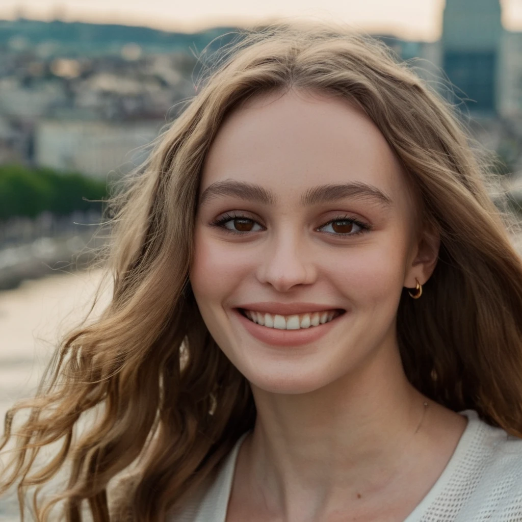 (Skin Texture, pores, natural,iPhone,RAW)), natural lighting, Face closeup Photo of a woman with long wavy hair wearing no makeup, Nikon Z9, realistic matte skin, blurry city in the background, 8K,   <lora:lirosedepp_xl_1_standard_merger_31_78_05_05:1>, smiling