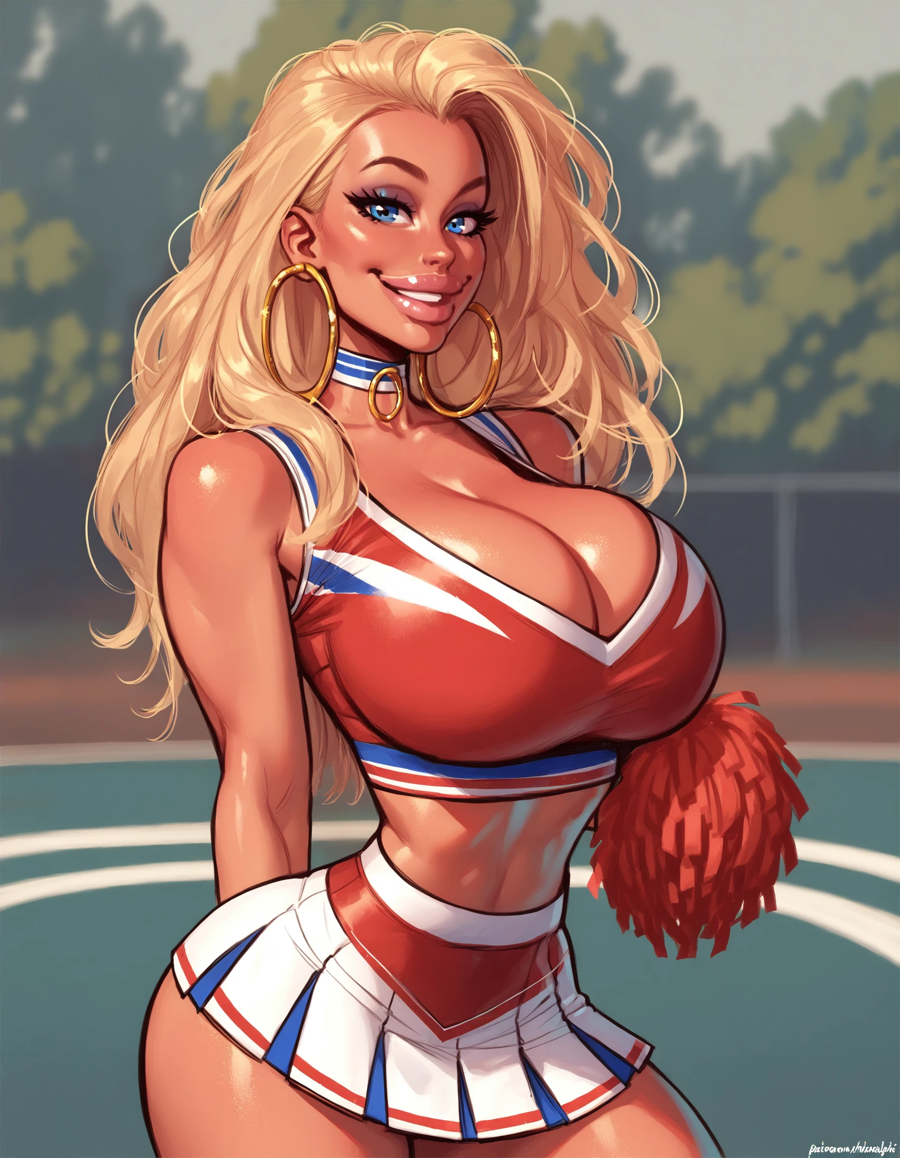 1girl, solo, female, upper body portrait,
golden hair, blue eyes,
looking at viewer, smile, thick lips, standing, big breasts, cleavage, busty, makeup, clothed, cheerleader, red uniform,
choker, cleavage, hoop earrings, hourglass figure, thick thighs, voluptuous, outdoors, seductive, seductive look,
BREAK
score_9, score_8_up, score_7_up, score_6_up, source_cartoon, rating_safe <lora:officialpit_style_v11:0.8>