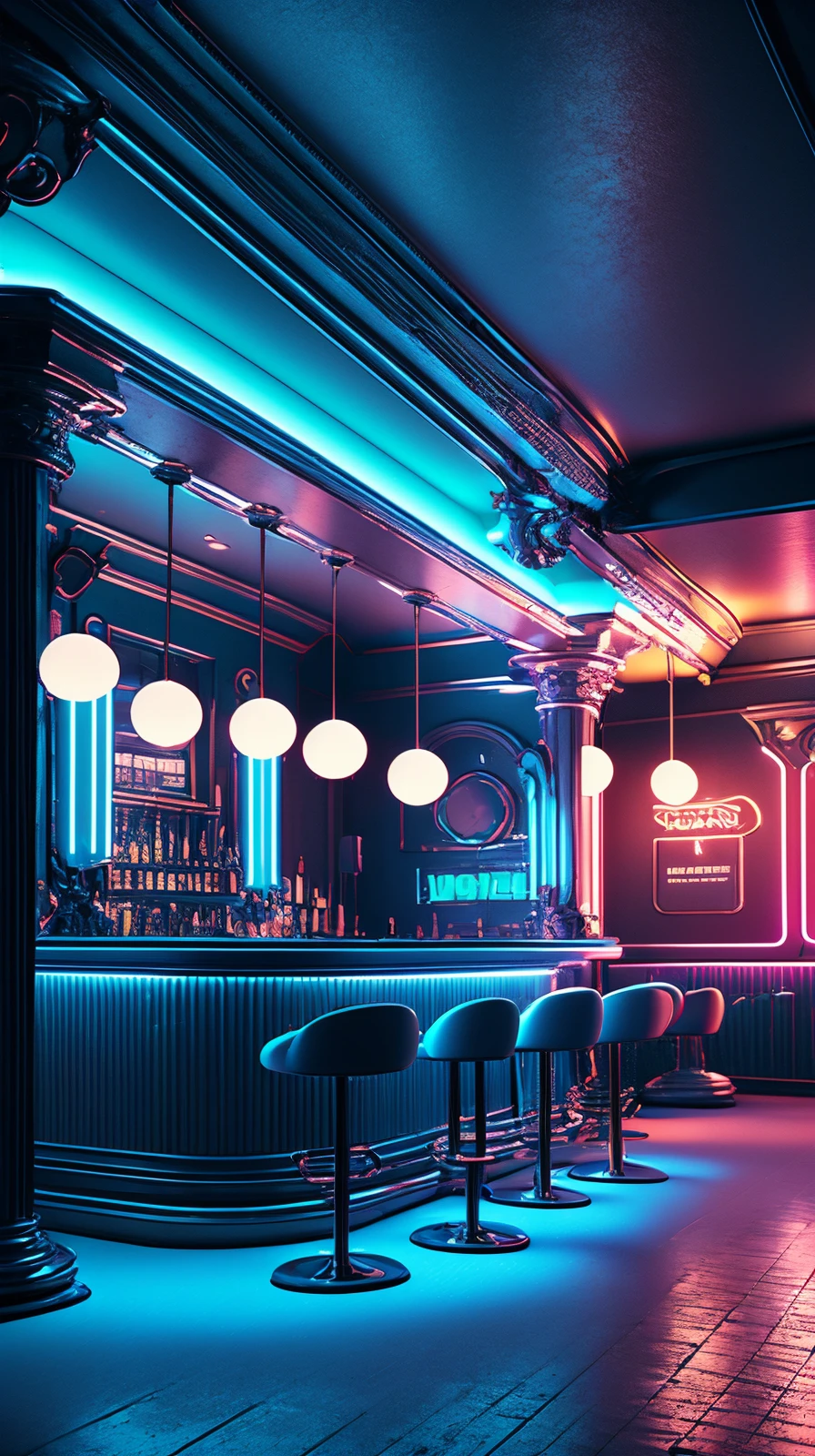 masterpiece, high detailed, high quality, empty modern club scene, bar, neon lights,  <lora:ToonClub:1>