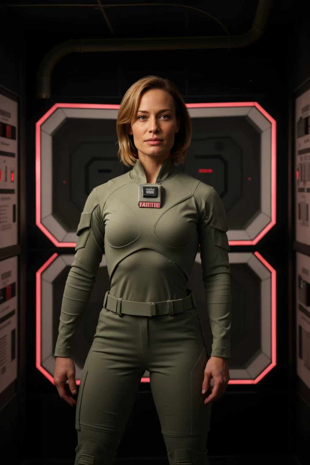 BMAIW, female futuristic solider, standing in a room on a space station, (red lights), cinematic, high detail, masterpiece <lora:BMAIW_sd15_scaled_128:0.75>