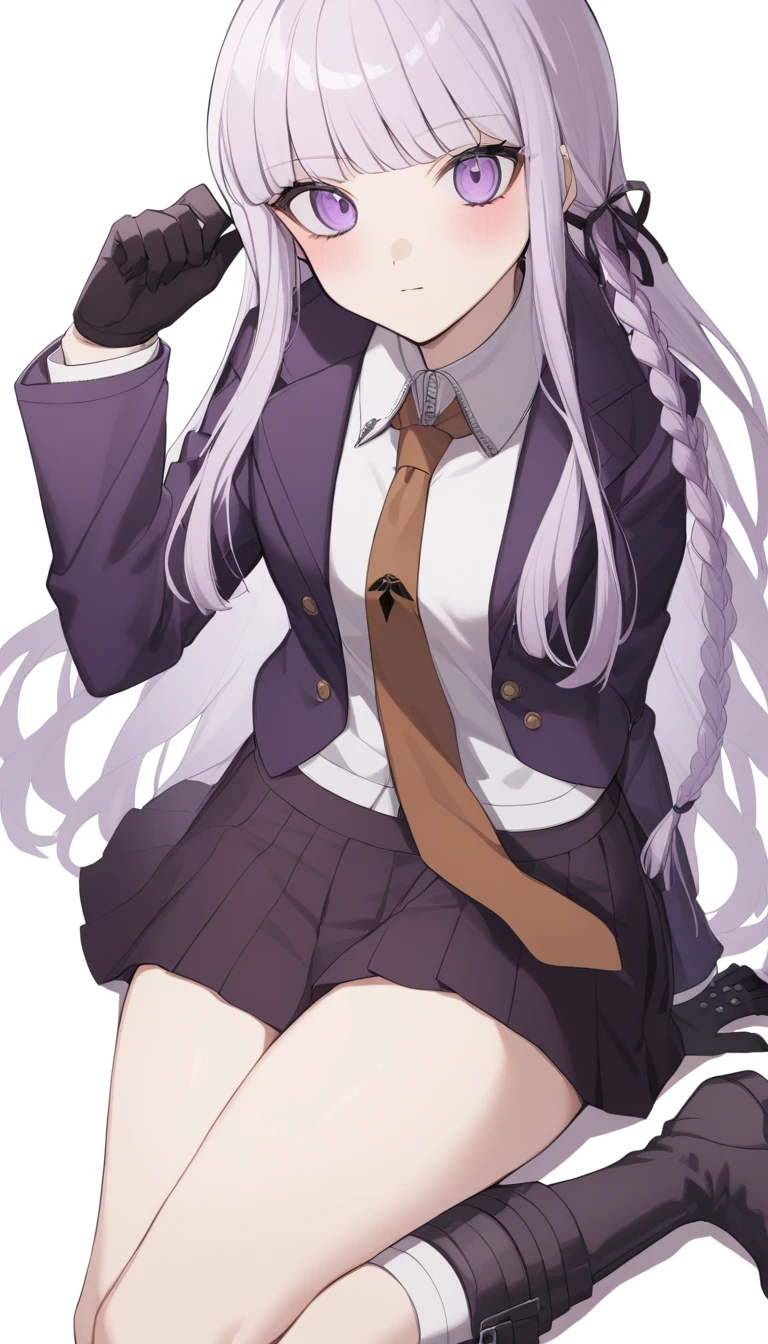 <lora:Kyoko9:1>, 1girl, Kyoko, black gloves, purple jacket, purple skirt, brown necktie, white shirt, boots,