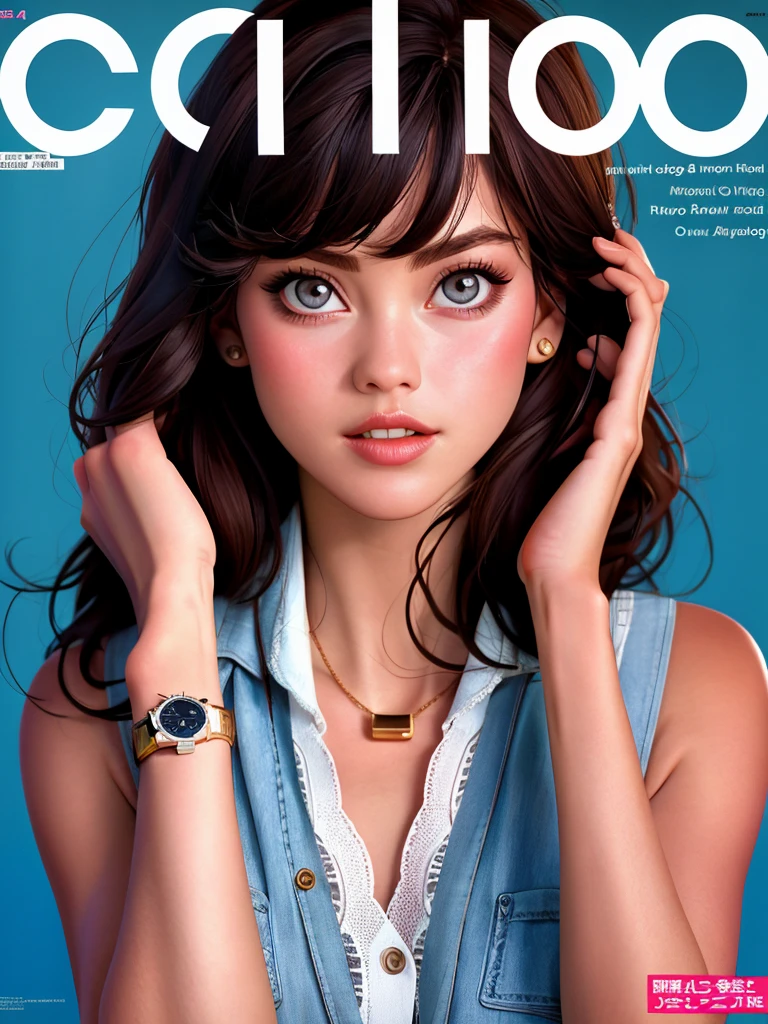 A beautiful c4r0l4 woman, 1girl,solo,looking at viewer,brown hair,parted lips,teeth,english text,lips,cover,cover page,portrait,watch,head rest,realistic,wristwatch,hands on own face,magazine cover,fake cover,manga cover,soft lighting, professional Photography, Photorealistic, detailed, RAW, analog, sharp focus, 8k, HD, high quality, masterpiece<lora:c4r0l4:1.0>