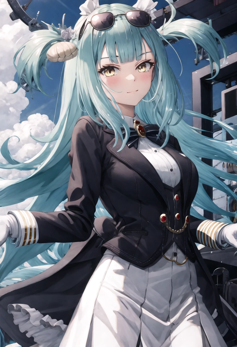 best quality, masterpiece, highres, solo, {neptune_azurlane:0.90}, {black business suit:1.40}, {tie:1.20}, {sunglasses:1.25}, {white gloves:1.15}, {white shirt:1.10}, {black skirt:1.15}, {smoking:1.20}, handsome