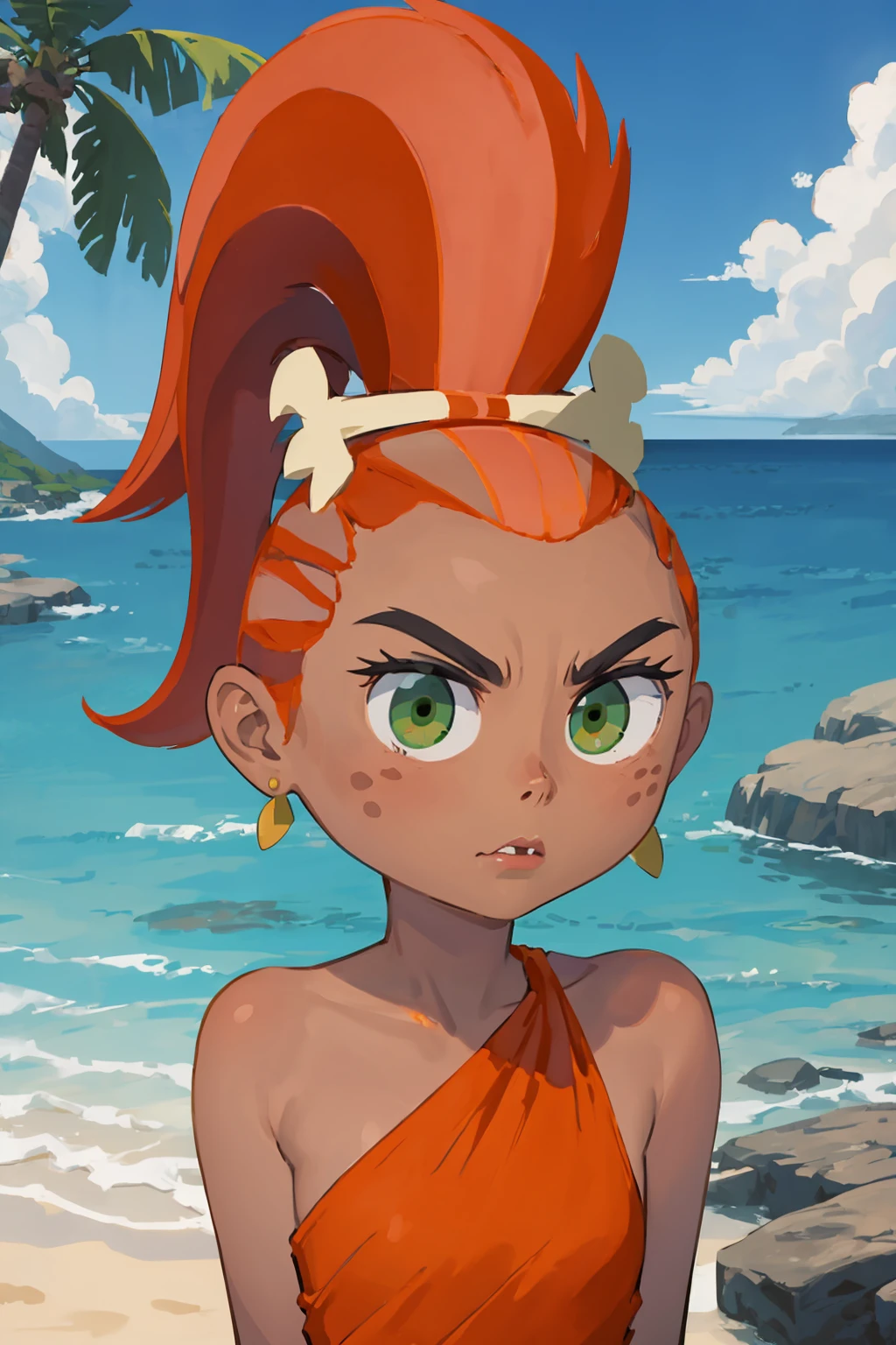 masterpiece, best quality,
1girl, davefang, orange hair, ponytail, green eyes, dress, dark skin, cartoon, parody,
upper body, solo, looking at viewer, sea, sand, blue sky, tropical island background <lora:Fang:1>