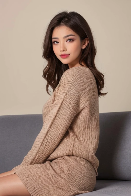 4k, 8k, ultra highres, raw photo in hdr, sharp focus, intricate texture, skin imperfections, realistic, detailed facial features, highly detailed face, posing,perfect lighting,long hair,(brown hair),petite,sitting,sofa,comfy outfit,shirt,grin,bright red lipstick,thick lips,eyeliner,eyelashes,plump lips