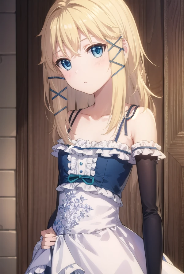 tinasprout, <lora:tina sprout s1-lora-nochekaiser:1>,
tina sprout, long hair, blonde hair, hair ornament, blue eyes,
BREAK gloves, dress, bare shoulders, frills, black gloves, elbow gloves, blue dress, frilled dress,
BREAK indoors,
BREAK looking at viewer, (cowboy shot:1.5),
BREAK <lyco:GoodHands-beta2:1>, (masterpiece:1.2), best quality, high resolution, unity 8k wallpaper, (illustration:0.8), (beautiful detailed eyes:1.6), extremely detailed face, perfect lighting, extremely detailed CG, (perfect hands, perfect anatomy),