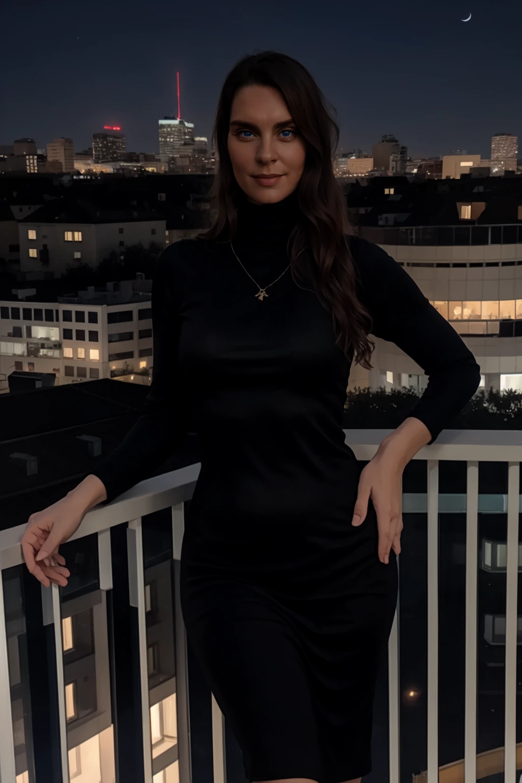 <lora:mondongo_LoRA_RaggaRagnars:1> mndngwmn, wearing a turtleneck bodycon dress, on a balcony at night with city on background, (ultra realistic, 8k,high quality), above the waist photo