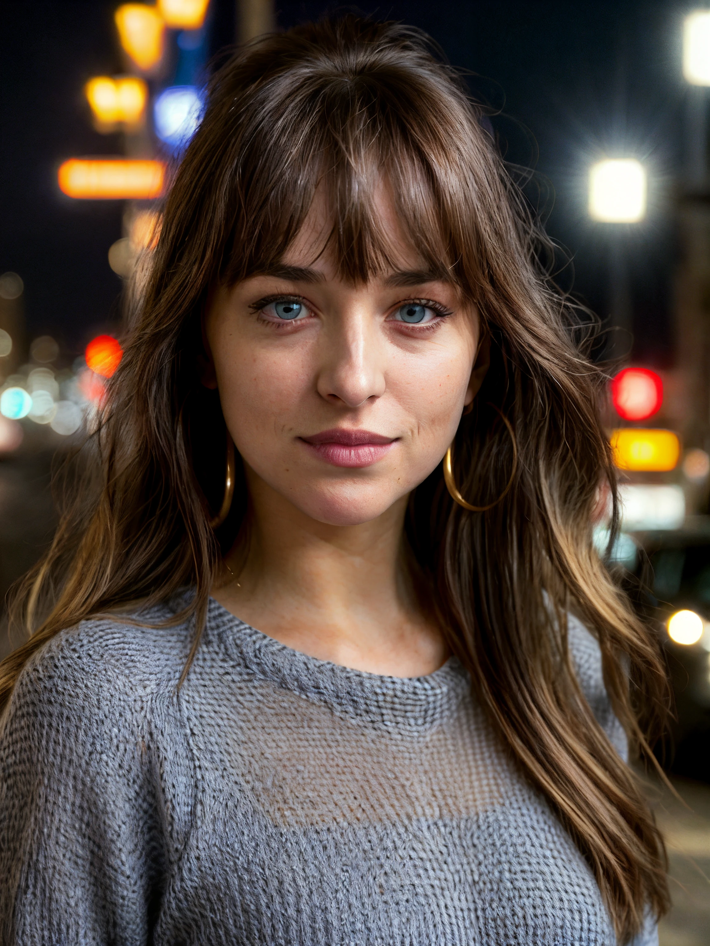 dkjt,long hair with bangs,close-up,sweater,add_detail,masterpiece,blue tint,city street,bokeh,dof,highly detailed,soft lighting,volumetric lighting,film grain,cinematic