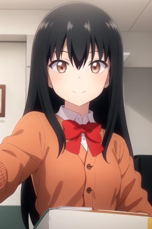 ((masterpiece)),(best quality),official art,extremely detailed CG,unity 8k wallpaper,ultra detailed,beautiful detailed eyes,extremely detailed face,indoors,1girl,solo,upper body,(portrait:1.5),looking at viewer,facing viewer,smile,long hair,black hair,sidelocks,hair between eyes,brown eyes,orange cardigan,red bowtie,collared shirt,white shirt,medium breasts,red skirt,plaid skirt,pleated skirt,black socks,loafers,<lora:Machiko(gdp)>,