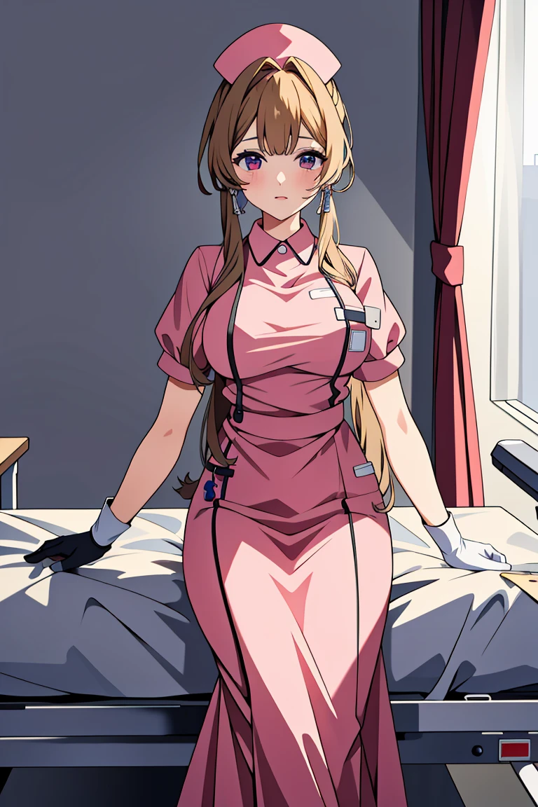 ((masterpiece, best quality,lower_body)), operating table,medical monitors,hospital bed,  <lora:Hitomi_Naruse_V1.2-000005:0.8> (hitomi naruse),  <lora:Long Skirt Nurse V2:0.8> (nurse_uniform_long_3, gloves, apron, nurse cap, nurse,long dress),