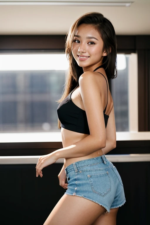 RAW photo of woman, (full body shot, from behind:1.1) portrait on a black plain background, (smile, happy:1.1), sharp focus, best quality, extremely detailed. (short shorts, halter top:1.2). in a crowded dance club, (lens flare:1.01). BREAK suz1-001, black hair, brown eyes. fcHeatPortrait