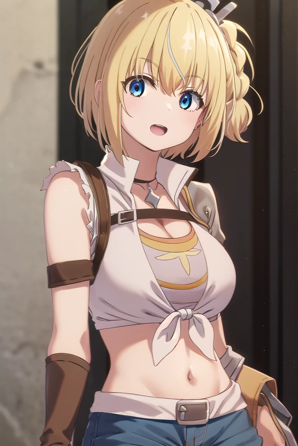 vendinglammis, <lora:vending lammis s1-lora-nochekaiser:1>,
lammis, short hair, bangs, blue eyes, blonde hair, multicolored hair, streaked hair, braid, single braid, one side up, smile, open mouth,
BREAK shirt, gloves, navel, cleavage, white shirt, shorts, sleeveless, choker, midriff, belt, fingerless gloves, crop top, short shorts, sleeveless shirt, brown gloves, red gloves, blue shorts, denim shorts, black belt, brown belt,
BREAK outdoors,
BREAK looking at viewer, (cowboy shot:1.5),
BREAK <lyco:GoodHands-beta2:1>, (masterpiece:1.2), best quality, high resolution, unity 8k wallpaper, (illustration:0.8), (beautiful detailed eyes:1.6), extremely detailed face, perfect lighting, extremely detailed CG, (perfect hands, perfect anatomy),