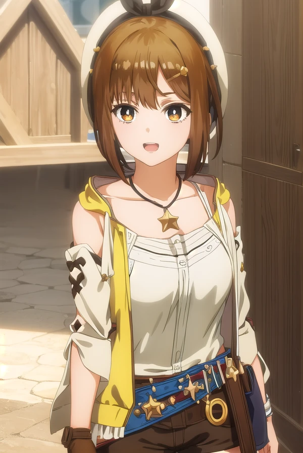 reisalinstout, <lora:reisalin stout s1-lora-nochekaiser:1>,
reisalin stout, short hair, brown hair, hair ornament, (brown eyes:1.5), hairclip, smile, open mouth,
BREAK thighhighs, gloves, hat, jewelry, jacket, thighs, shorts, belt, necklace, star \(symbol\), short shorts, white headwear, brown gloves, single glove, yellow jacket, red shorts, leather, sleeveless jacket, star necklace, leather gloves,
BREAK outdoors,
BREAK looking at viewer, (cowboy shot:1.5),
BREAK <lyco:GoodHands-beta2:1>, (masterpiece:1.2), best quality, high resolution, unity 8k wallpaper, (illustration:0.8), (beautiful detailed eyes:1.6), extremely detailed face, perfect lighting, extremely detailed CG, (perfect hands, perfect anatomy),