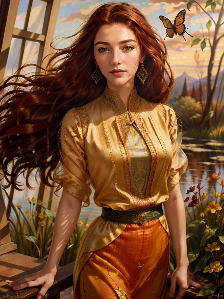 half length shot, hyperreal narrative impressionistic realism, In Sergey Piskunov's evocative style, art of j3nn1f3r8 with long red hair, solo, futuristic, scifi, intricate, elegant, highly detailed, Piskunov's brushwork infuses the painting with a unique combination of realism and abstraction, surreal, filigree, broken glass, (masterpiece, sidelighting, detailed eyes: 1.2), hdr, realistic painting, natural skin, textured skin, pores, pocks, closed mouth, butterfly filigree, green Fortuny dress, high neck, eye makeup, long hair moved by the wind, window facing to another world, Piskunov's distinctive style captures the essence of the girl's enigmatic nature, inviting viewers to explore the depths of her soul, award winning art <lora:j3nn1f3r8_v6-000005:1> <lora:1907_Fortuny_v2:1> colorful, detailed background,vibrant, breasts
