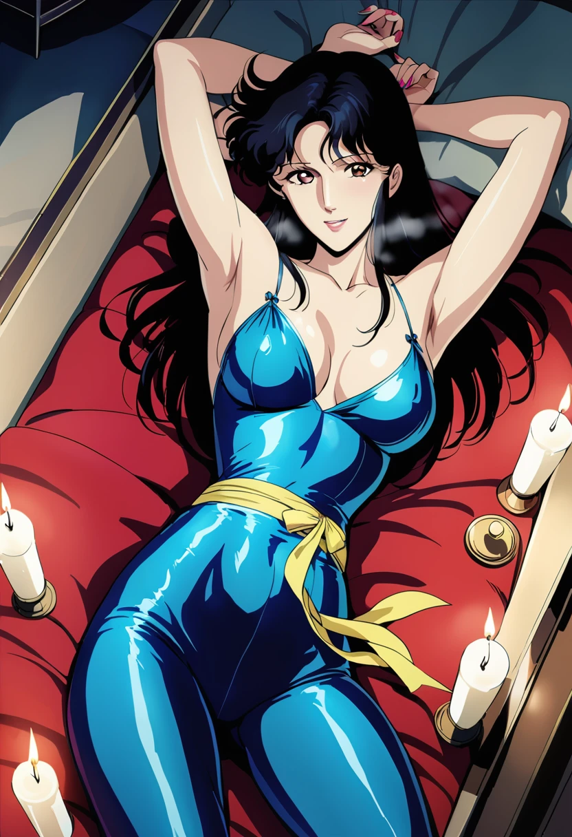breathtaking <lora:hitomi_anime_datasetv2_2AdamW-000006:1>,fh1to,Blue_Catsuit_Yellow_Belt,solo, arms_up, looking_at_viewer, seductive smile,Leaning back, from above,Candlelit Boudoir, masterpiece, best quality, . award-winning, professional, highly detailed