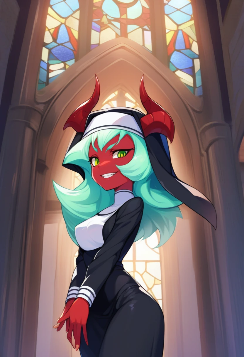 solo, 1girl, psgscanty, red skin, evil smile, looking at viewer, standing, habit, horns, nun, long sleeves, indoors, church, stained glass <lora:psg_scanty_xl:1>