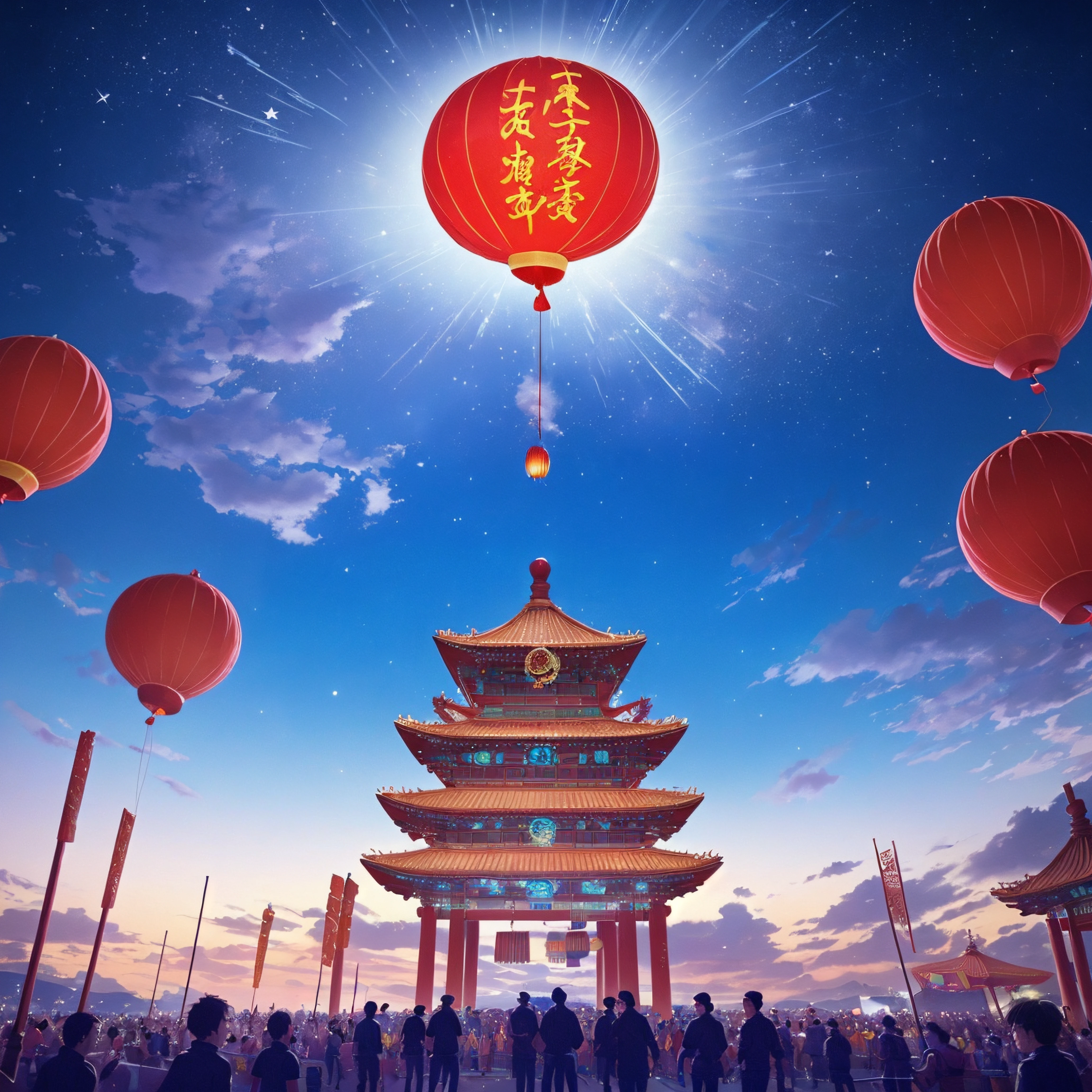 celebration stars, (festival:1), Chinese balloons, people celebrating!, temples, Sparkle, sky, anime, glow, bright, illuminated, <lora:SparkleYourName:0.5>