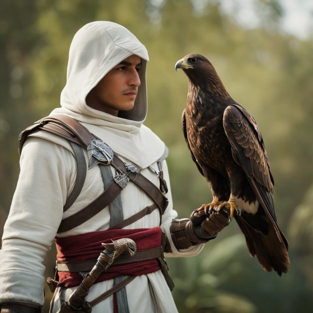 cinematic film still of  <lora:Assassins Creed style:1>
Altair Ibn La Ahad a man in a white robe holding a bird,solo,gloves,1boy,weapon,male focus,hood,bird,vambraces,blade,eagle,animal on arm Assassinâs Creed style, Assassins Creed style, Open world, Action-adventure, Stealth, dramatic light, cinematic film look, ancient, historical, shallow depth of field, vignette, highly detailed, high budget, bokeh, cinemascope, moody, epic, gorgeous, film grain, grainy